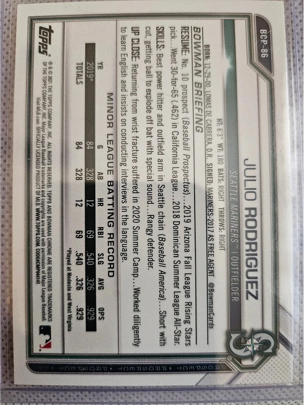 Julio Rodriguez #BCP-86 • 2021 Bowman Chrome Prospects RAW MINT